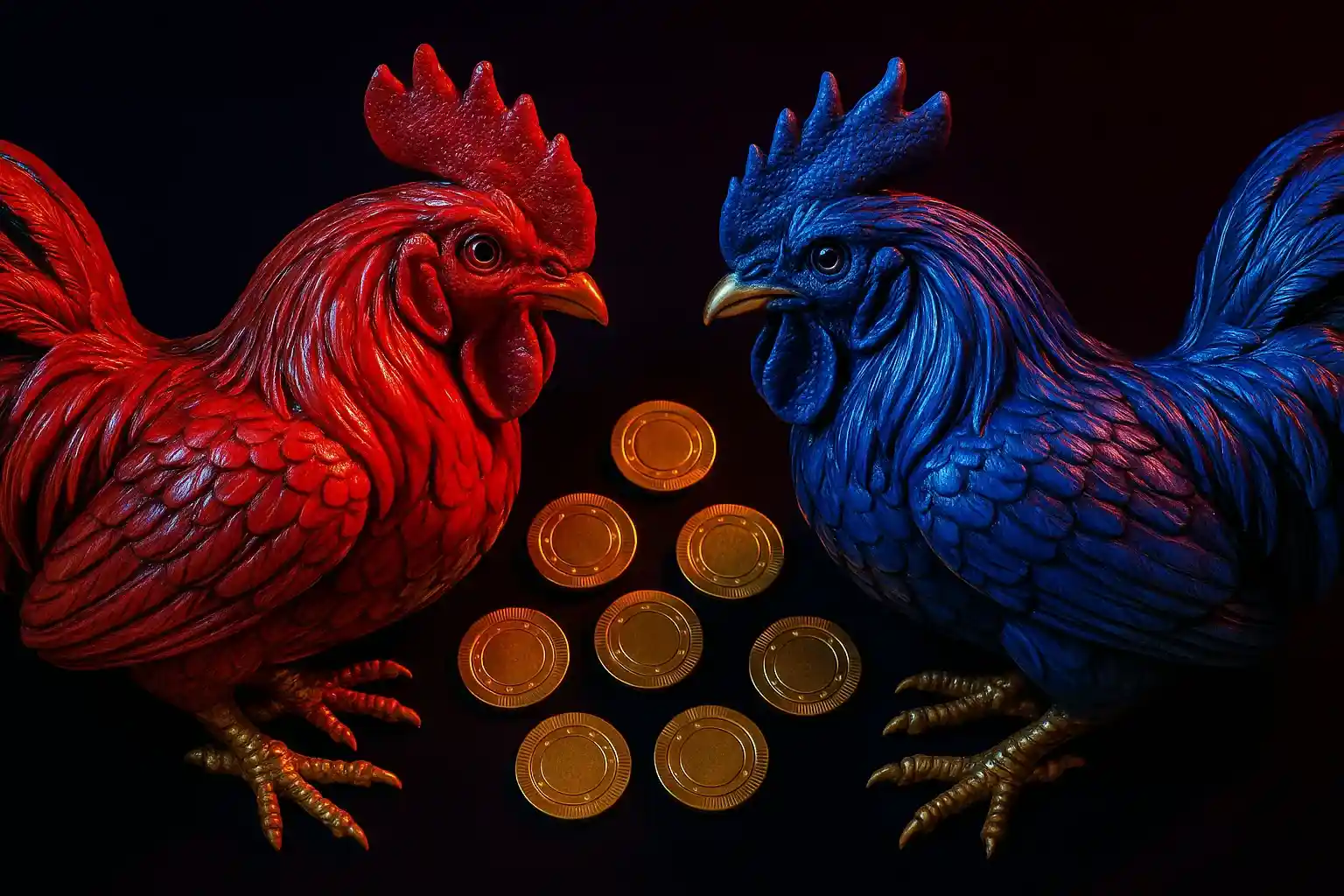 Two ornate red and blue fighting rooster statuettes with golden casino chips